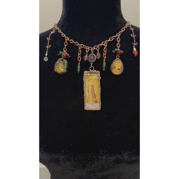 Tiny Art Glass Canvas Glass Pendant Copper Necklace 14th Cen. Italian Noblewoman - Picture 8 of 11